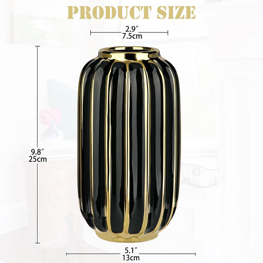 Briful Gold Plated Lantern Ceramic Vase Home Decor Creative Design Porcelain Decorative Flower Vase 11.02'' Black Ceramic Vases for Wedding Anniversary Decoration