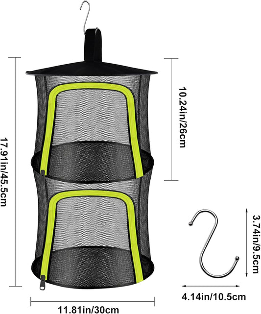 2 Layer Herb Drying Rack, Small Herb Drying Rack Hanging Mesh, Foldable Fish Drying Net with U-Shaped Zipper, Hooks, for Drying Herbs Plants, Flowers, Fruits, Food, Camping(2 Layers-11.81'')