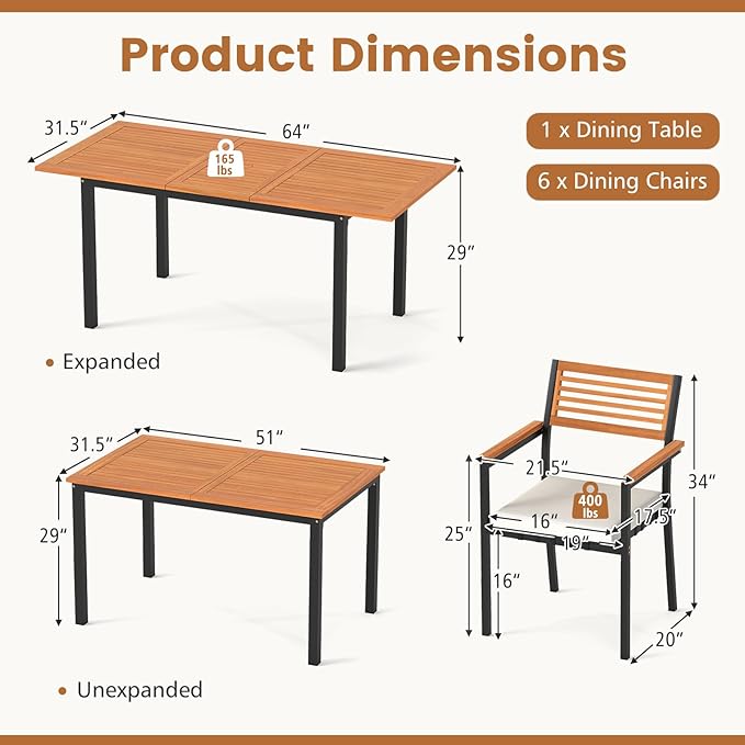 Tangkula 7-Piece Patio Dining Set, Outdoor Acacia Wood Cushioned Chairs and 51”-64” Expandable Rectangular Table Set, with Umbrella Hole, 6 Stackable Armchairs, for Poolside Garden (Off White)