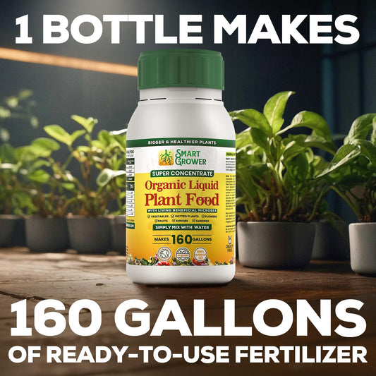 Organic Liquid Plant Food for Indoor Plants & Gardens, Natural NPK Fertilizer w/Beneficial Microbes, Rapid Results, Vegan, Best Value Super Concentrate, Smart Grower, Makes 160 Gallons (32 Fl Oz)