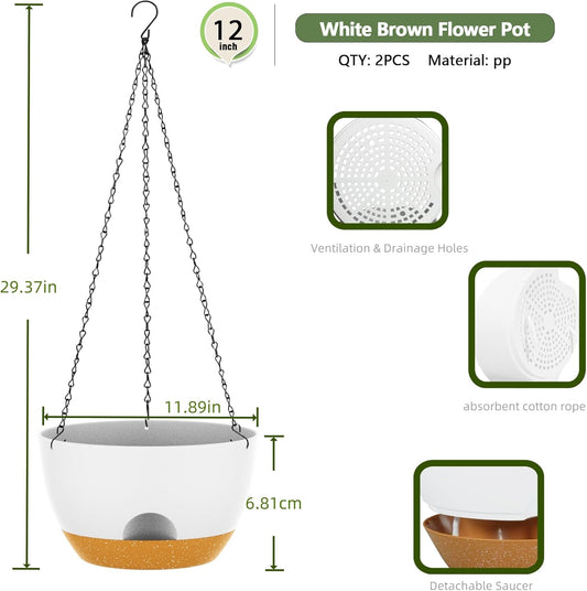 12 Inch Hanging Baskets 2 PC with Chains, Self-Watering Hanging Planters for Indoor Outdoor Plants, Plastic Hanging Flower Pots,White Brown