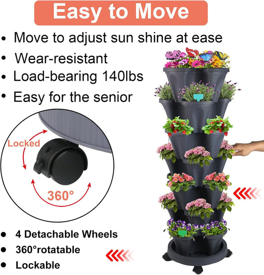 DUNCHATY Stackable Planter, Vertical Strawberry Planter with Garen Tool Set, Self Watering Garden Planter Indoor/Outdoor 7 Tier Herb Planter Pots for Growing Vegetables and Succulents, Dark Gray