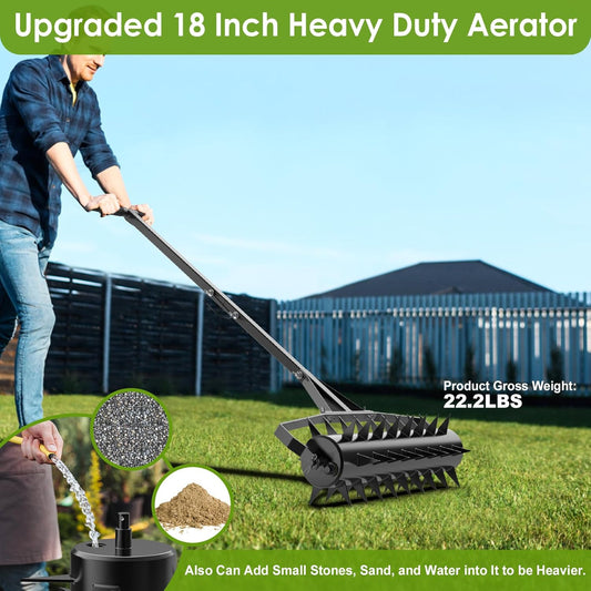 Seeutek 18 Inch Rolling Lawn Aerator, Upgraded Heavy Duty Aerator Lawn Soil Penetrator Spikes w/ 3 Adjustable Height Handles, Manual Aerator Lawn Tool for Garden Yard