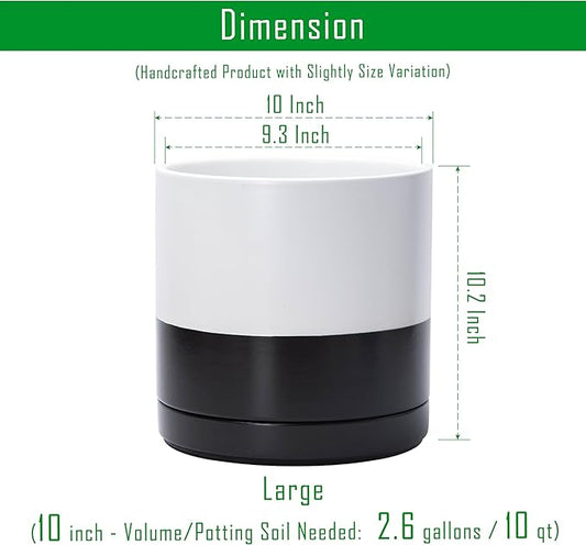 D'vine Dev 10 Inch Ceramic Planter Pot with Drainage Hole and Saucer, Indoor Cylinder Round Planter Pot, Layered Monochrome Black & White, 94-O-E-L