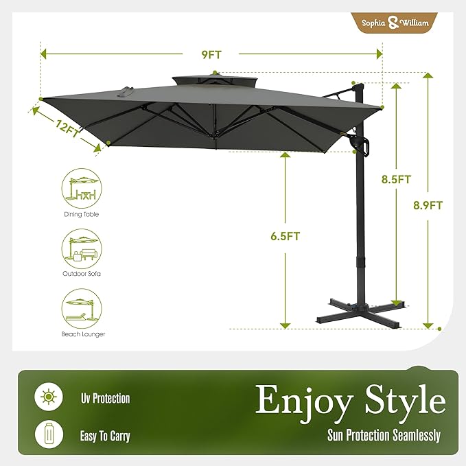 Sophia & William Cantilever Patio Umbrella 12ft, Offset Large Outdoor Umbrellas with 360°Rotation, Heavy Duty Hydraulic Double Umbrella for Garden Pool Backyard, Grey (no base)