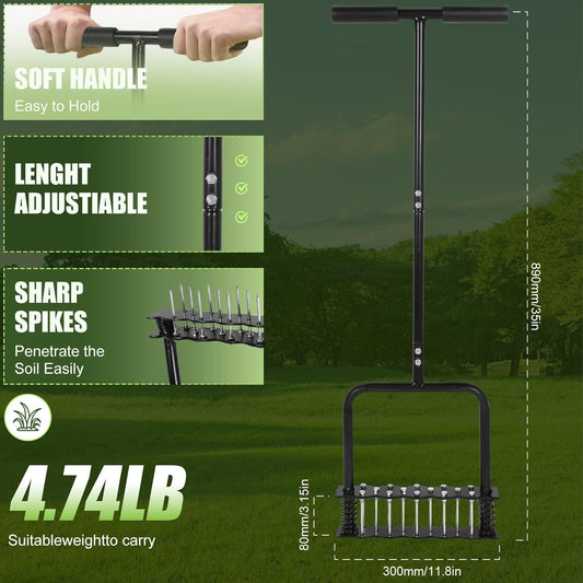 Lawn Aerator Tool,Manual Stainless Steel Spike Aerator Lawn Tool with Spring Base, Automatic Dirt and Leaf Clean Design, Adjustable T-Handle, Soil Loosening, Yard Aerating, Garden Tool Black