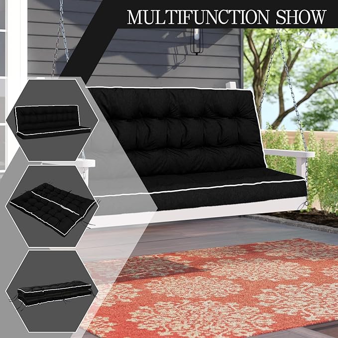 Swing Replacement Cushions with Backrest, 2 or 3 Seater Waterproof Non-Slip Overstuffed Swing Pad, Indoor/Outdoor Bench Cushion for Porch Chair Swing Garden Furniture (Black, 40 * 63 in)
