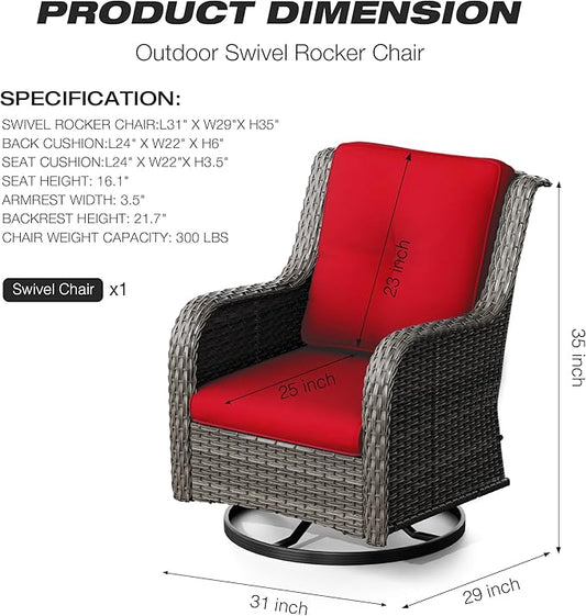 Joyside Outdoor Swivel Rocker Patio Chair - Outdoor Wicker Glider Rocking Chair with Olefin Fabric Cushions Suitable for Porch Deck and Backyard(Mixed Grey/Red)