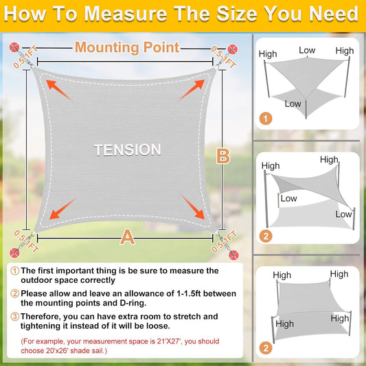 KANAGAWA Sun Shade Sail 20'x20' Grey Rectangle UV Block Canopy Awning Shelter Fabric Cloth Screen for Outdoor Patio Garden Backyard