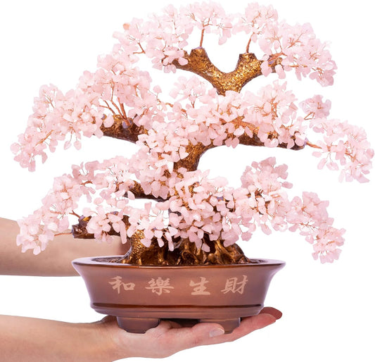 Natural Rose Quartz Tree Large,14" Chakra Crystal Tree(1,251 Gemstone Count) w/Lucky Coins Chain Healing Properties - Bonsai Feng Shui Money Tree for Love Self Care Home Office Decoration