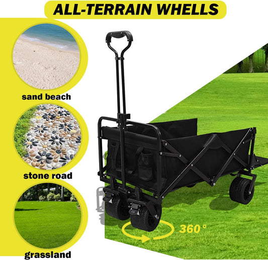 Collapsible Folding Wagon with Tailgate, Extra Long Extender Cart, Large Capacity Folding Garden Wagon, Heavy Duty Utility Carts for Shopping, Beach, Garden, Sports, Outdoor