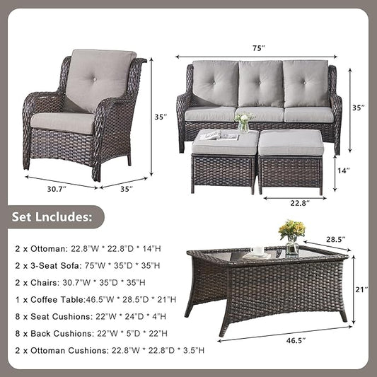 Rilyson Wicker Patio Furniture Sofa Set - 7 Piece Rattan Outdoor Patio Sectional Conversation Sets with 2 Sofa,2 Armrest Chairs,1 Coffee Table and 2 Ottomans for Porch Deck Garden(Brown/Grey)