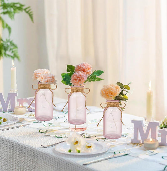 Vintage Glass Flower Vase,12 Pack Pink Farmhouse Glass Centerpiece Vases Mason Jars for Weddings, Parties & Home Decor Bulk (12, Pink)