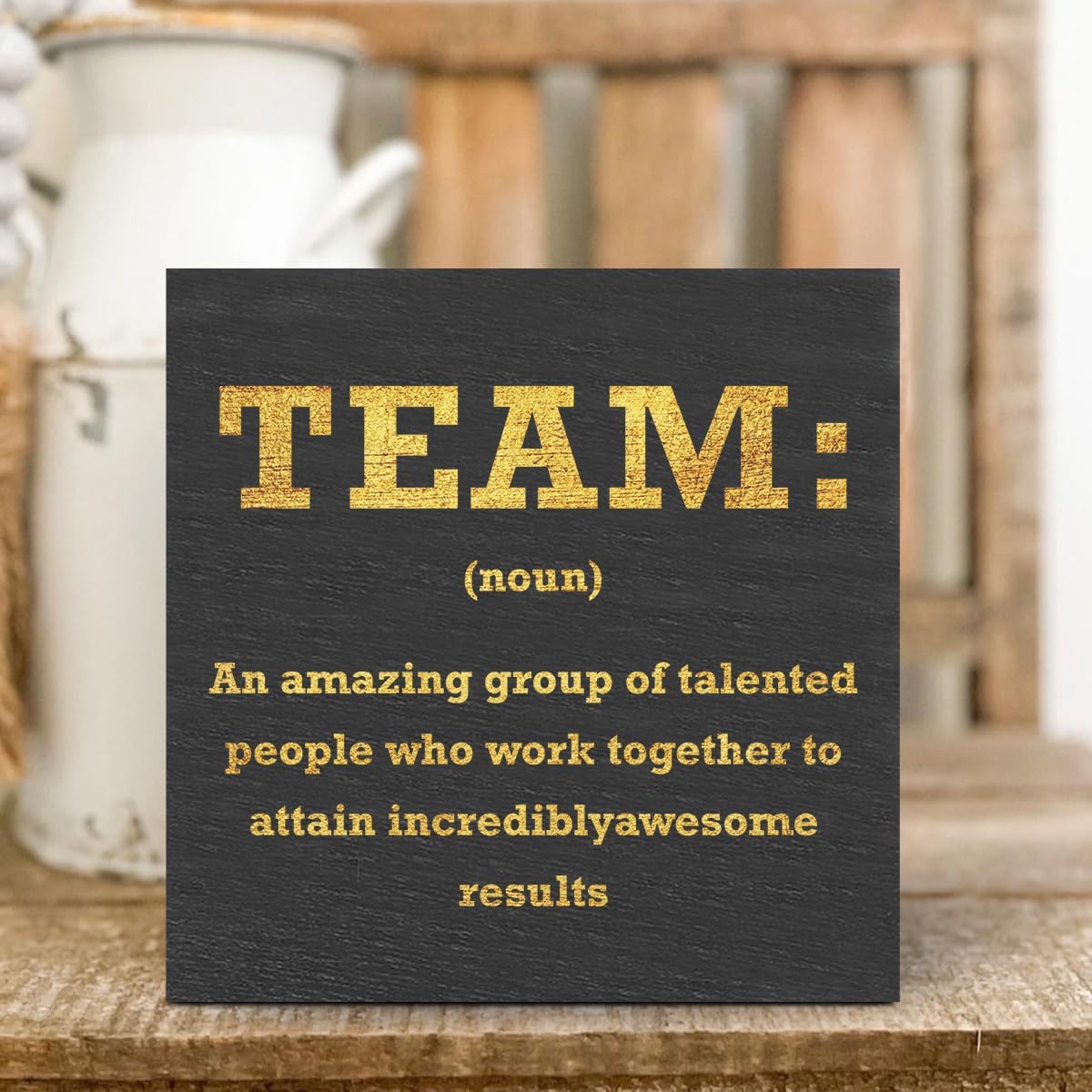 Motivational Team Noun Office Decor Wooden Box Sign, Office Desk Decor Cubicle Desk Accessories, Office Decorations for Work, Coworker Gifts Table Shelf Plaque Sign, Inspirational Wall Decor, Black