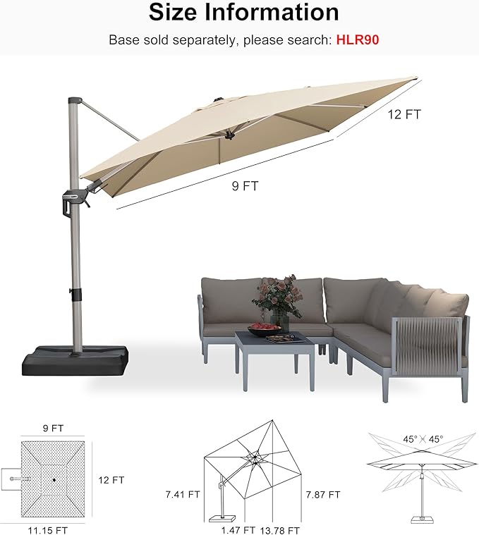 PURPLE LEAF 9' X 12' Left-right Tilting Patio Umbrella Outdoor Swivel Cantilever Umbrella Aluminum Offset Umbrella with Champagne Frame and 360-degree Rotation for Garden Deck Pool, Beige