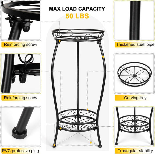 2 Tier Rustproof Iron Plant Stand - Heavy Duty Outdoor Plant Stands For Patio, Balcony Or Garden Or Planter Corner - Plant Stand Indoor (Black)