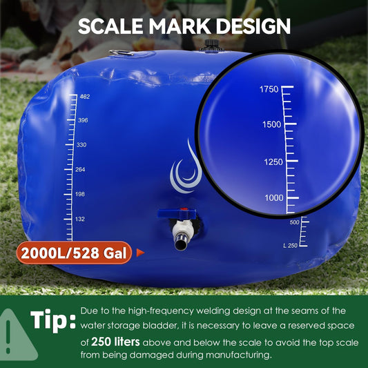 LANUEVA 528 Gal/2000L Portable Water Storage Bladder, 1000D PVC Foldable Water Tank with Spigots and Overflow Kit, Water Storage Containers for Emergency Water, RV, Irrigation&Camping (Blue, 2000L)