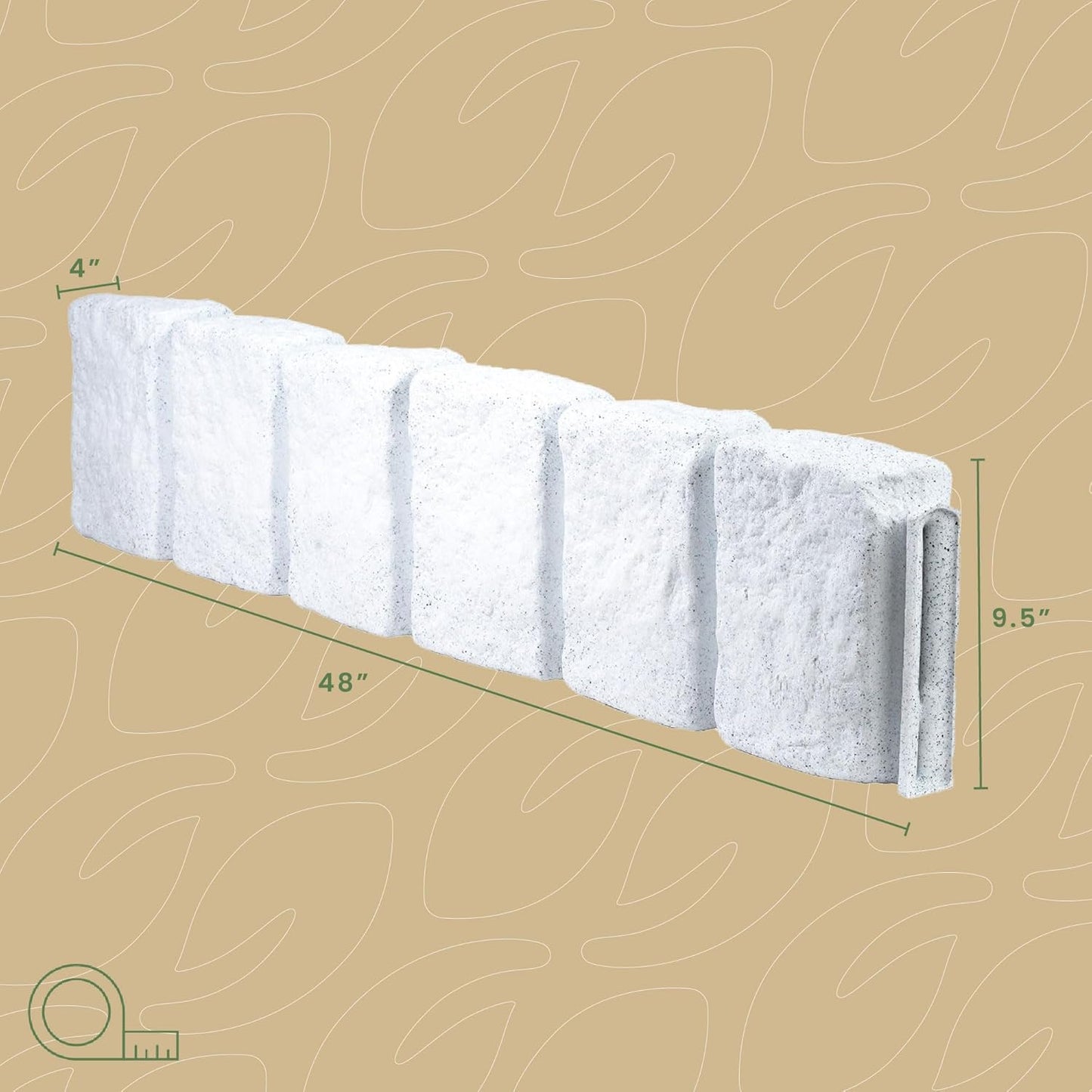 Beuta Landscape Edging | Garden Edging Border | Faux Stone Block XL for Lawn Edging, Flower Beds & Yard Edging – 4 Pack | Each Section Has 6 Blocks 48" L x 4" W x 9.5" H | 12 Spikes | Limewash
