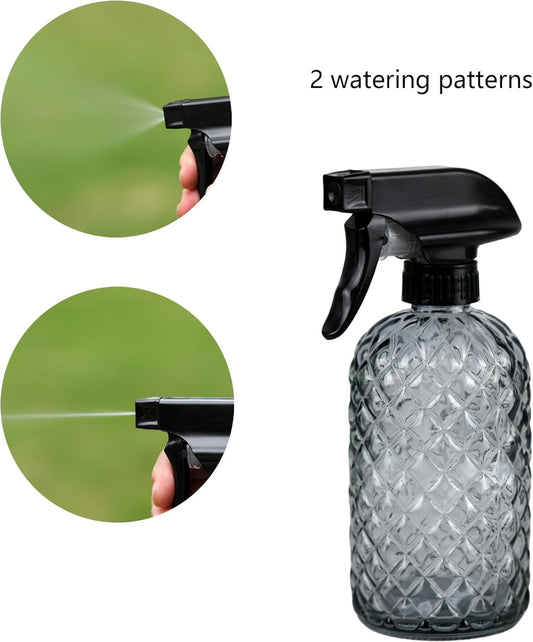 12Oz Glass Plant Spray Bottle, Gem Pattern Glass Sprayer, Watering Can with Black Plastic Top Pump, Handheld Watering Can for Indoor Outdoor Potted Plants and Greenery (Grey)