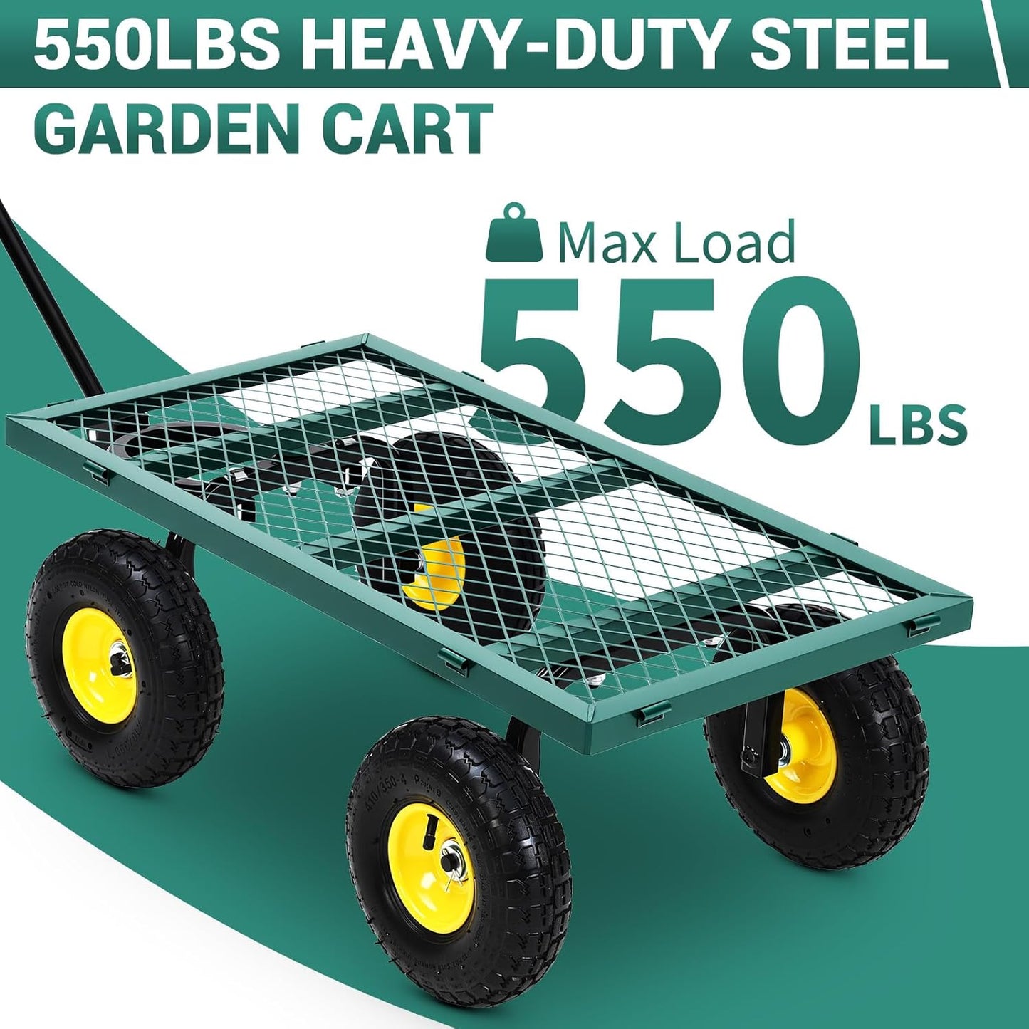 Heavy Duty Steel Garden Cart, 550LBS Pullable Metal Garden Wagon with 10" Wheels, 180° Rotating Handle and Removable Sides for Outdoor, Farm, Yard, Beach 