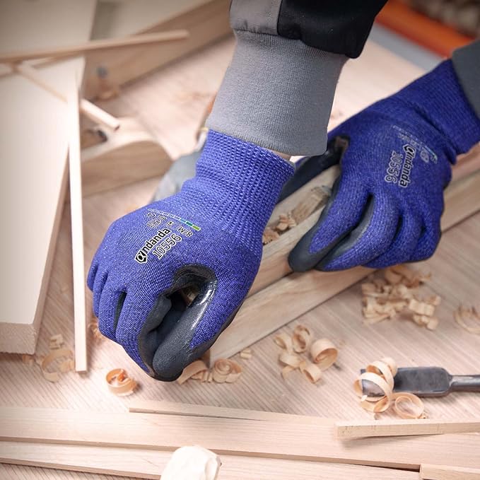ANDANDA Cut Resistant Gloves Level 5, 3D Comfort Stretch Fit, Nitrile Sandy Finish Coated Work Gloves with Power Grip, Ideal for Handling Glass, Sharp Metal, Blue, Large, 1 Pair
