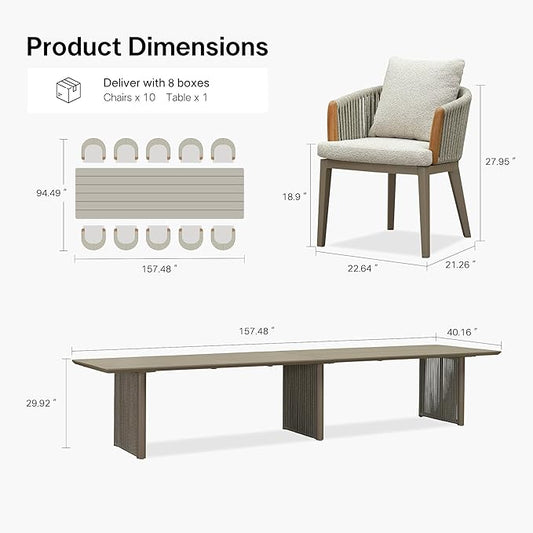 PURPLE LEAF 11 Pieces Outdoor Dining Set for 10, Aluminum Outdoor Patio Table and Chairs Set with Olefin Cushions, All-Weather Patio Dining Set for Garden or Deck, Beige