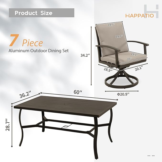 HAPPATIO 7 Piece Patio Swivel Dining Set, Aluminum Outdoor Dining Set for 6,Dining Table and Chairs Set, Patio Dining Furniture with Aluminum Table, Swivel Chairs and Washable Cushions (Black)