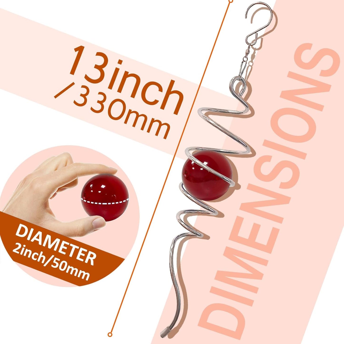 Wind Spinner Tail with Red Glass Orb,Wind Spinners Stabilizer Gazing Ball Spiral Tail,Decorative Wind Spinner Spiral Sun Catcher,Indoor Outdoor Hanging Rotating Garden Decoration-13 in