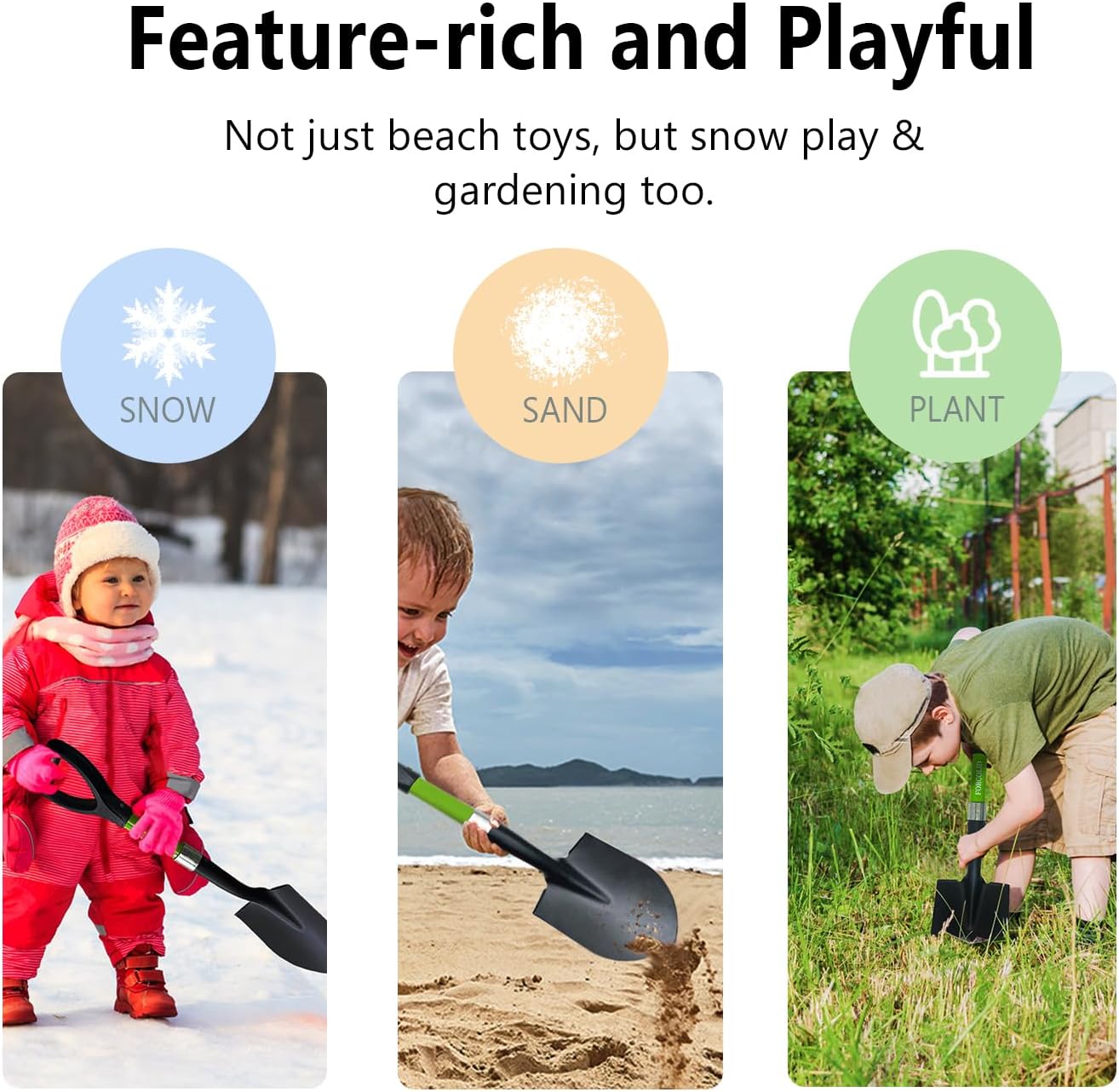 Beach Shovel,Kids Shovels for Digging,Short Handle Metal Shovel,Small Shovels for Gardening,Camping,Planting,27Inches,Green