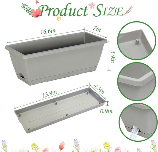 12Pcs 17Inches Rectangle Planter Box with Drainage Holes and Trays Plastic Planters Flower Boxes Pots for Indoor Outdoor Plants Patio Garden Home Decor Porch Yard (Gray)
