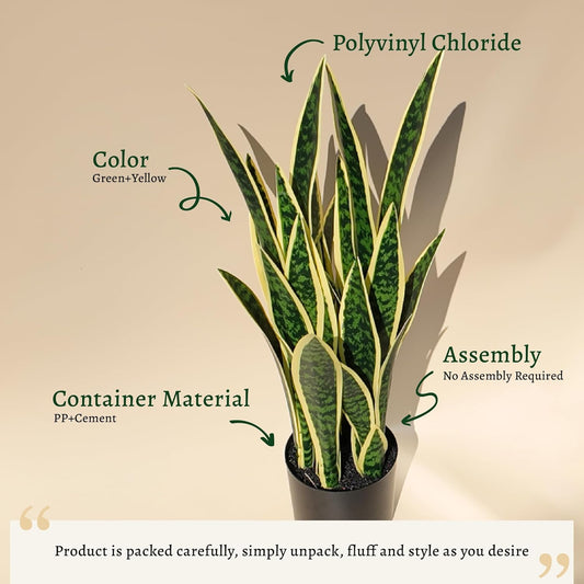 KOL 3ft Artificial Snake Plant, Fake Sansevieria Potted Floor Plants, 32 Lifelike Faux Leaves, Indoor Home Office Room Decoration, Mother-in-Law Tongue, 35in, Yellow