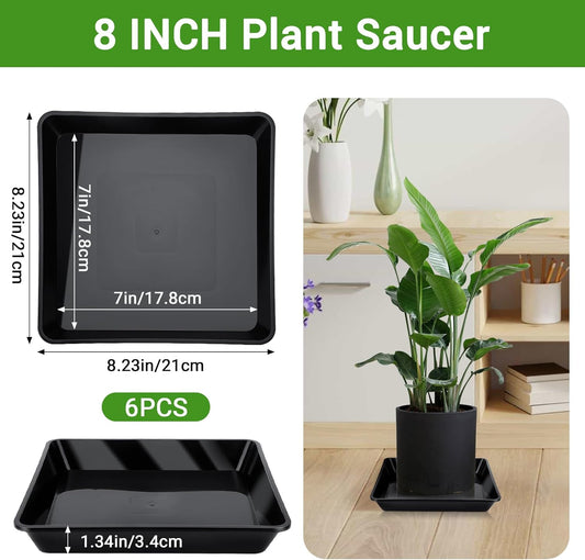 GREANER 8 Inch Humidity Tray, Black 6 PCS Plant Pot Drainage Tray, Indoor Plant Trays for Pots, Drip Trays for Potted Plants, Plastic Plant Trays for Pots, Seed Starter Growing Tray