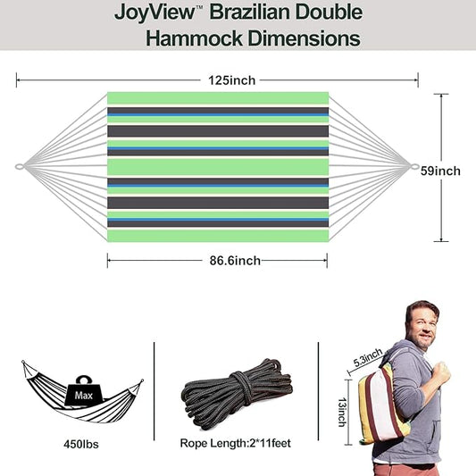 JoyView Brazilian Double Hammock with Hanging Ropes Extra Large 86.6x59” Portable Cotton Hammock for Patio Backyard Porch 450LBS Weight Capacity Perfect for Outdoor/Indoor - Green/Black Stripe