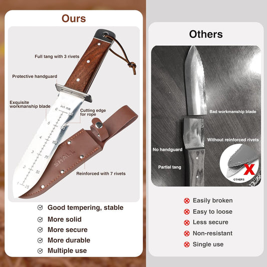 SHALL Hori Hori, Japanese Garden Knife, Soil Knife with Leather Sheath, Rosewood Handle & Hide Rope, 7” Stainless Steel Blade, Rope Cutting Edge, for Digging, Weeding, Planting, Full-Tang