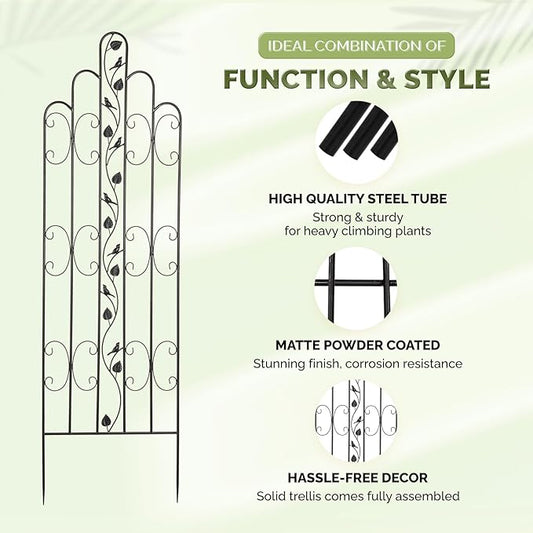 Idzo 71 in. Decorative Metal Trellis for Climbing Plants Outdoor, Heavy-Duty Steel Garden Trellis with Durable Powder Coating, Black Bird Pattern