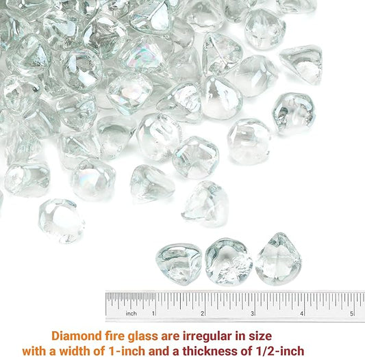 Skyflame 10-Pound Fire Glass Diamonds for Fire Pit Fireplace Landscaping, 1/2 Inch Reflective Glass Fire-Diamonds, Crystal Ice