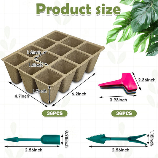 PINVNBY 432 Cells Seed Starter Tray 36 Packs Biodegradable Peat Pots for Seedlings Disposable Seedling Starter Trays with 36 Labels and 2 Transplant Tools