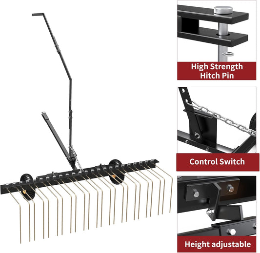YITAMOTOR 60" Tow Behind Steel Pine Straw Rake Durable Corrosion Resistant Lawn Rake
