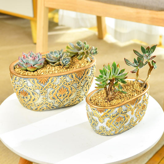 Sungmor Cement Planter Set of 2, 6.7 Inch & 8.6 Inch, Succulent Pots with Drainage Hole, Embossed Design, Indoor Outdoor Use, Cactus Plant Container