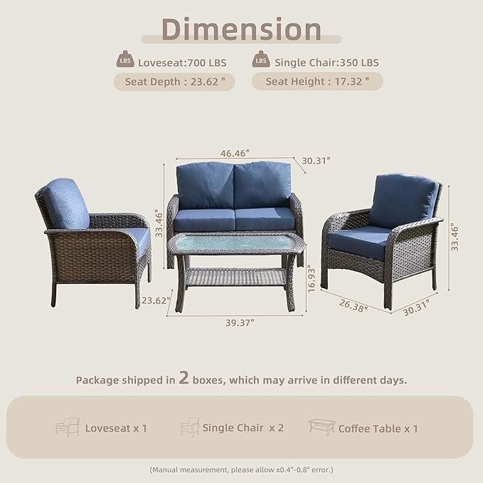 4-Piece Wicker Patio Furniture Set, All-Weather Rattan Conversation Bistro Loveseat Chair and Table Set for Backyard, Balcony and Deck with Soft Cushions and Metal Table(Blue)