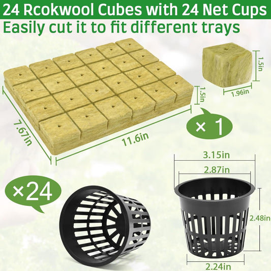 Halatool 24 x 2-Inch Rockwool Cubes & 24 x 3-Inch Net Cups - Hydroponics Starter Kit for Plants Cloning, Seed Starting, and Patio Gardening - Durable, Effective, Great Gift Option