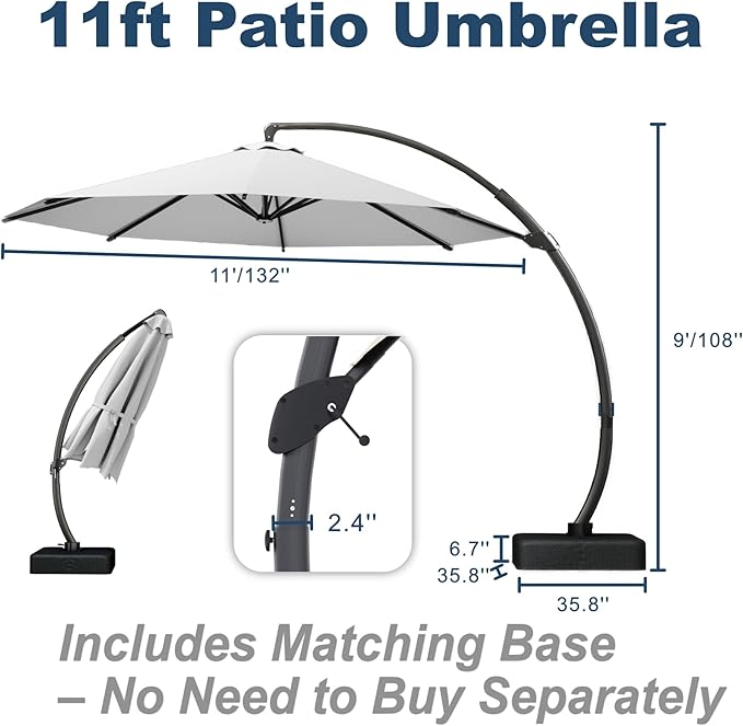 11FT Cantilever Umbrella with Base Large Curvy Outdoor Aluminum Offset Umbrella w/ 360° Rotation, UV Resistant Canopy for Patio, Garden, Backyard, Light Gray