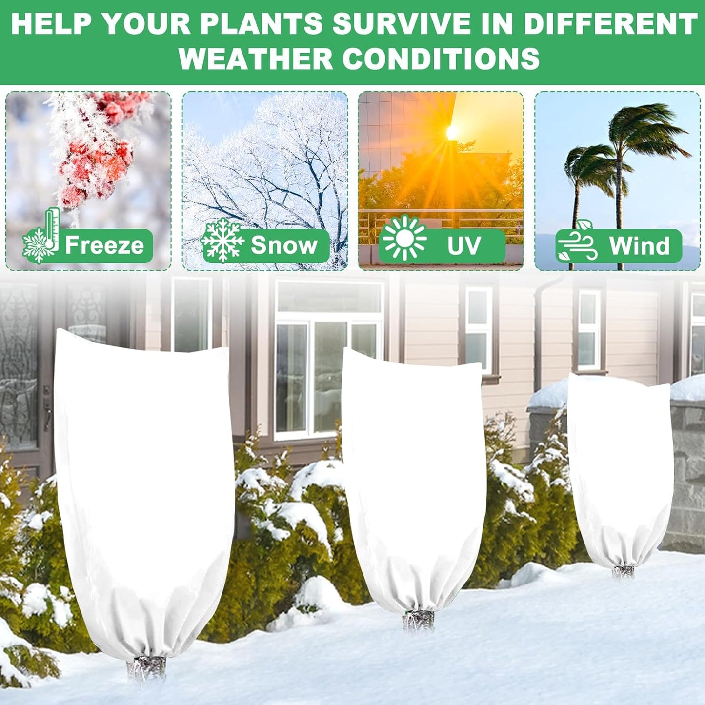 3 Pack Plant Covers Freeze Protection, 19.6" x 39.3" Frost Covers for Outdoor Plants with Drawstring, Plant Covers for Winter Tree Covers Freeze Protection, Winter Cold Weather Shrubs Jacket