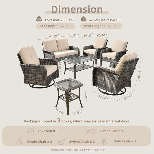 7-Piece Wicker Patio Furniture Set, All-Weather Rattan Conversation Bistro Loveseat Chair and Patio Rockers Set for Backyard, Balcony and Deck with Soft Cushions and Metal Table(Beige)