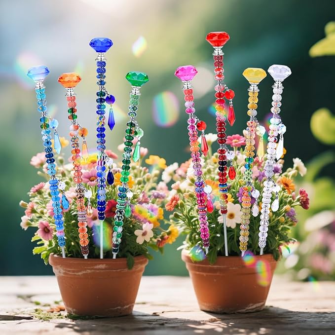 DIY Fairy Wand Garden Stakes Kit, Crystal Beaded Decorative Wands Set, Outdoor Garden Decoration with Assembly Guide (Diamond Top 423 Pcs)