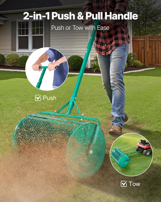 VEVOR Compost Spreader, 24 in Wide Peat Moss Spreader with Push/Tow Handle, 4 Heights Adjustable, Powder-Coated Steel Garden Peat Moss Roller, Heavy Duty Grass Seed Spreaders for Planting Seeding