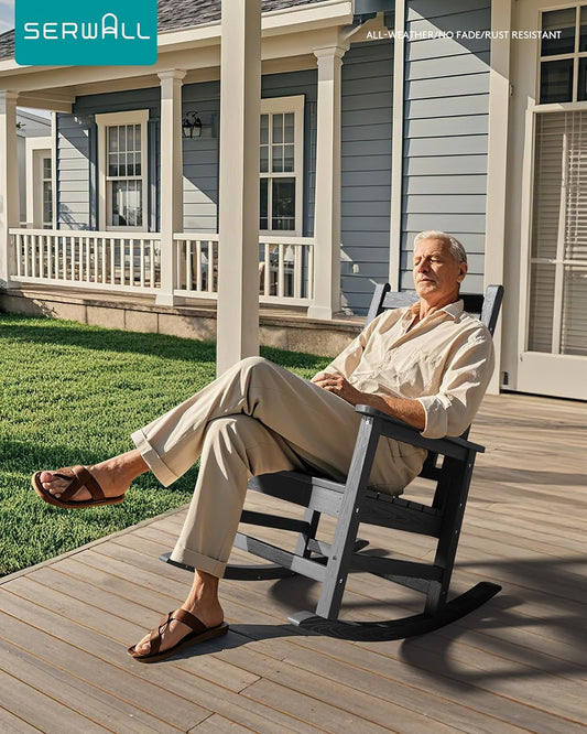 SERWALL HDPE Outdoor Rocking Chair Set of 8, Patio Rocking Chairs for Adults, All Weather Outdoor Rockers for Lawn, Grey