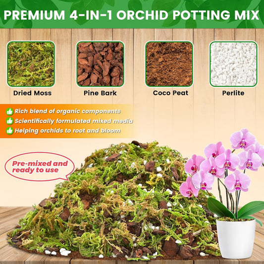 Legigo 4 QT Orchid Potting Mix- Natural Orchid Soil Mix for Repotting with Moss, Pine Bark, Coco Peat and Perlite, Enhanced Drainage Orchid Bark Potting Mix Repotting Kit for Indoor Plant Growth