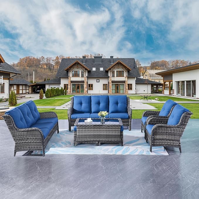 Rilyson Wicker Patio Furniture Sofa Set - 7 Piece Rattan Outdoor Patio Sectional Conversation Sets with 2 Sofa,2 Armrest Chairs,1 Coffee Table and 2 Ottomans for Porch Deck Garden(Mixed Grey/Blue)