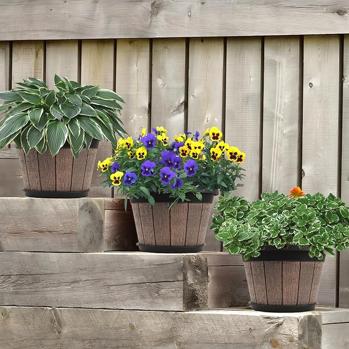 Quarut 4 Pack 8 inch Plant Pot,Upgrade Whiskey Barrel Planters with Drainage Holes & Saucer,Plastic Decoration Flower Pots Retro Design,Planters for Outdoor Indoor Garden Home Plants (Brown)